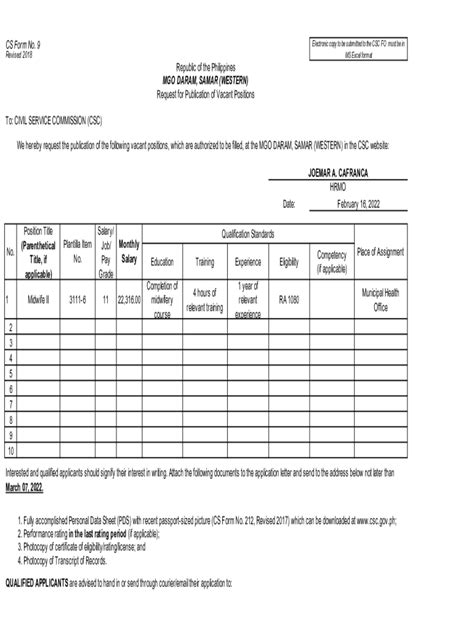 Publication of Vacant Position .